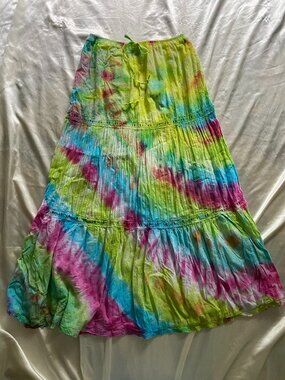 Vintage y2k Rainbow Tie Dye Cotton Maxi Skirt Hippie Festival PS Boho